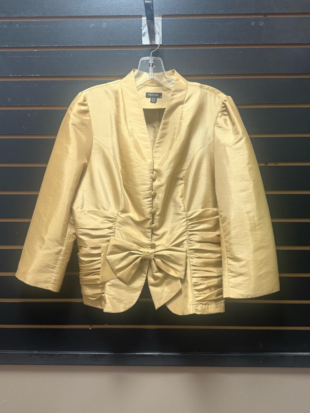 Piano Gold Satin Blouse Jacket Size M Ruched Bow Front Dressy Evening Top